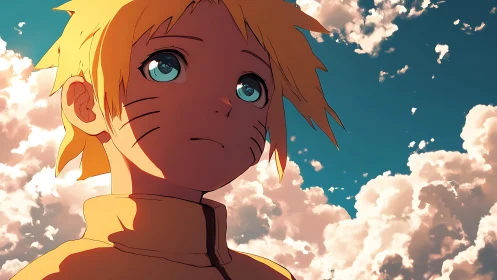 Anime-style blond youth rendered against dense cloudscape