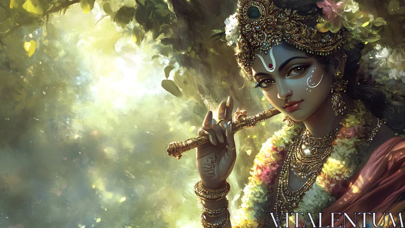 Divine flute bearer in jeweled garlands under golden light.