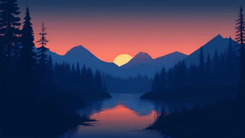 Serene mountain lake sunset glows behind dark pine silhouettes.