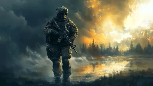 Armored soldier crosses flooded clearing under storm sunrise