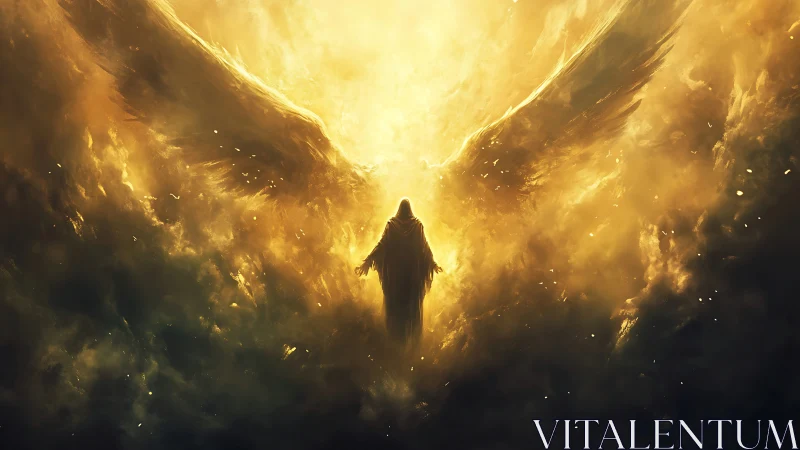 Radiant winged guardian emerging from swirling golden light.