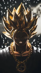 Golden thunder warrior crowned in spiked cosmic chrome hair.