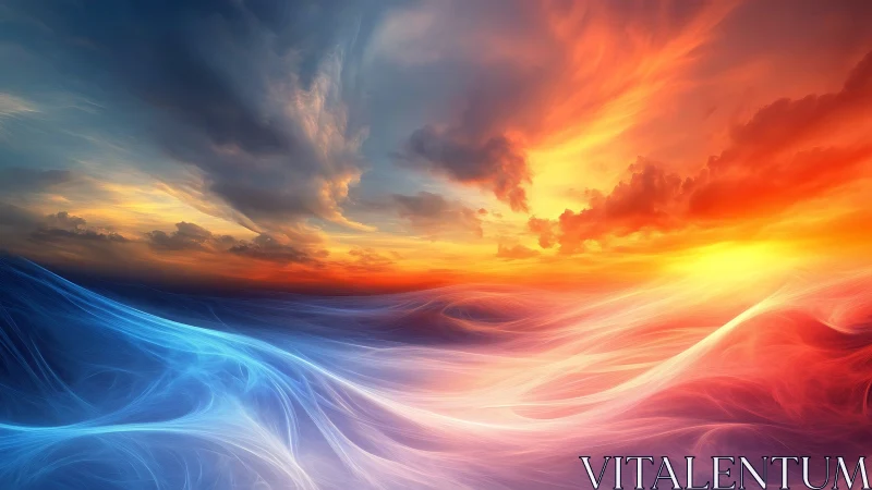 Energy gradient seascape uniting cool plasma waves and fiery sky