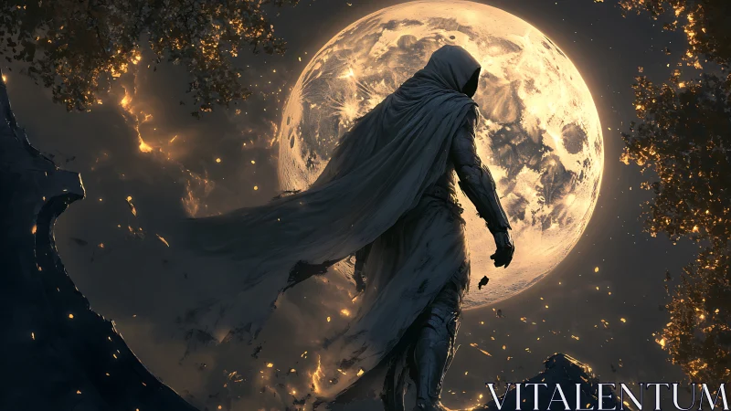 Luminous lunar backlight framing cloaked spectral sentinel.