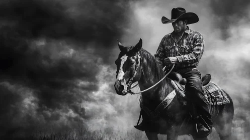 Solitary cowboy rides through swirling storm clouds at dusk.