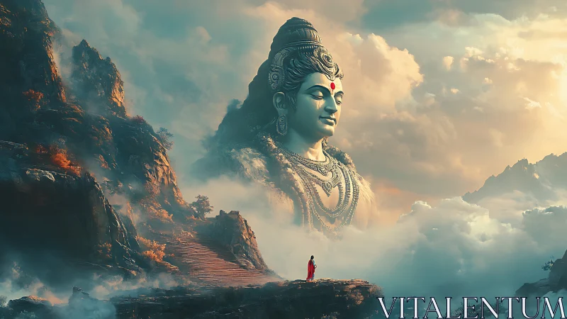 Colossal mountain deity emerges from mist above pilgrim stairway