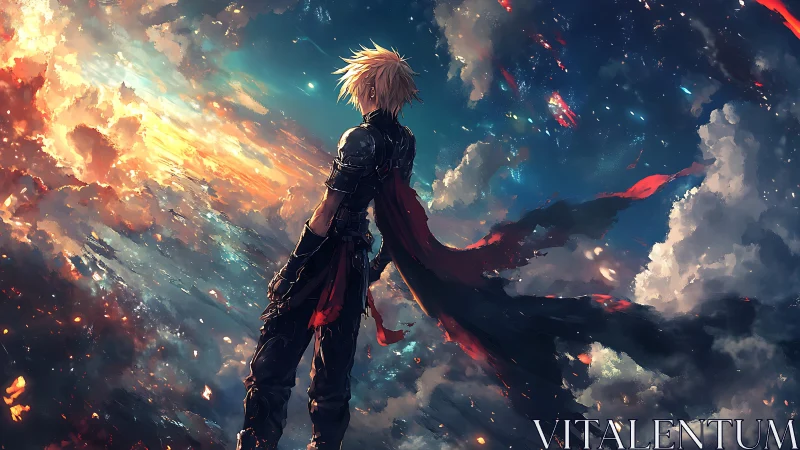 Skyborn warrior drifts between storms and starlit fire.