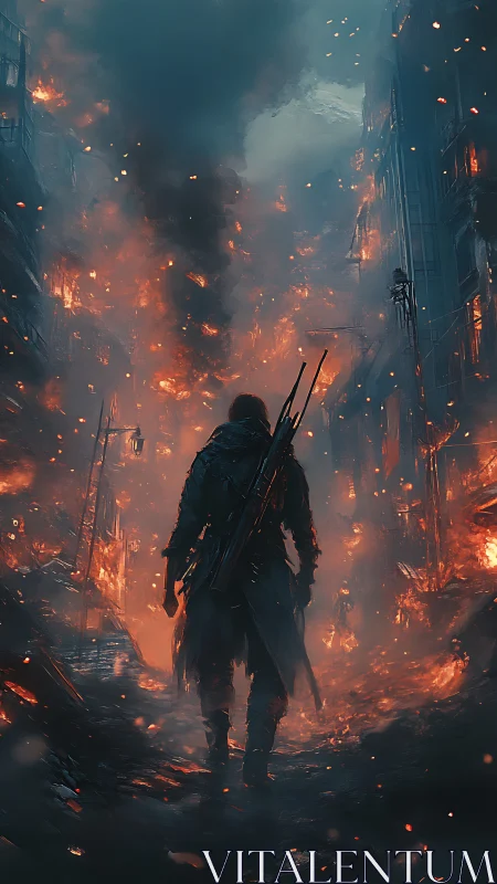 Solitary armed figure in burning urban street at dusk.