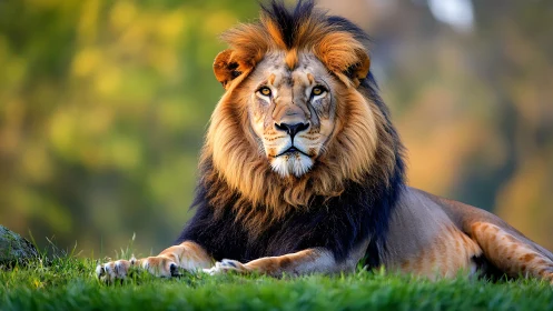 Majestic lion reclines in golden light on tranquil grassland
