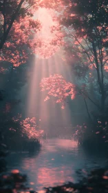 Soft pink sunbeams gently blessing a quiet forest stream