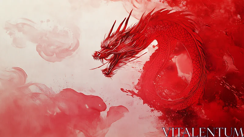 Fiery red dragon swirling through misty watercolor clouds.