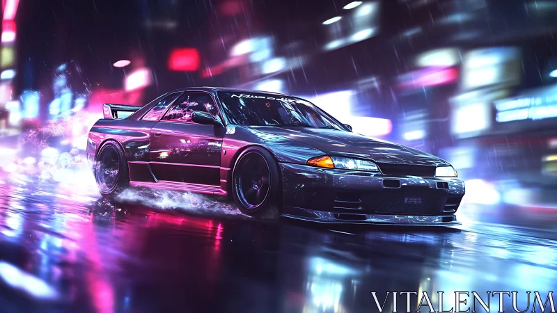 Neon-soaked street racer drifting through cinematic rain.