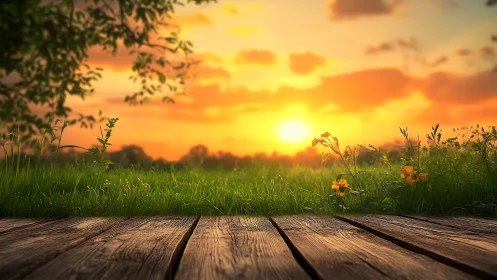 Golden sunset warms a rustic wooden deck by wild meadow