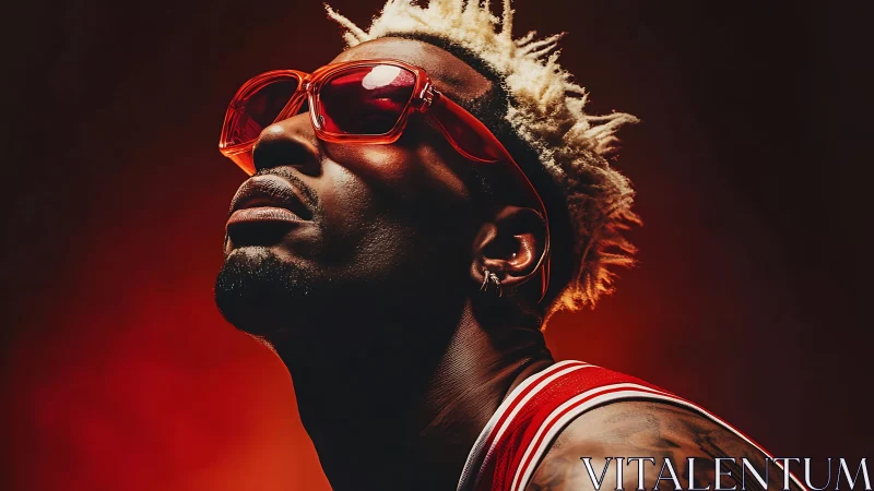 Bold gaze in red light with sunglasses and electric style.