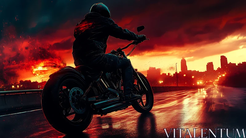 Motorcycle rider on wet city road at red storm sunset.