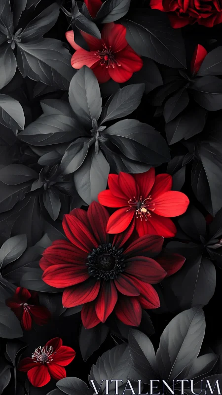 Crimson Blooms Against Shadows and Leaves.