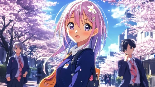 Springtime anime schoolgirl under soft pink cherry blossoms.