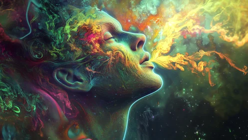 Surreal luminous portrait exhales nebular energy stream