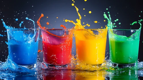 Colorful splashing glasses bursting with playful energy.