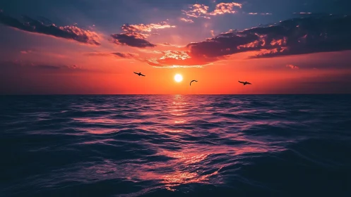 Gentle ocean sunset with soaring birds and glowing waves.