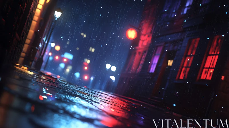 Rain-drenched cobblestones borrow neon dreams from the night