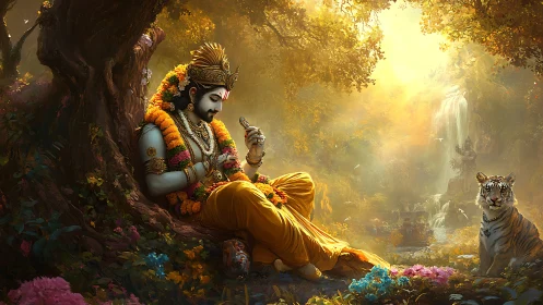 Divine figure reclining under tree in luminous mythic forest