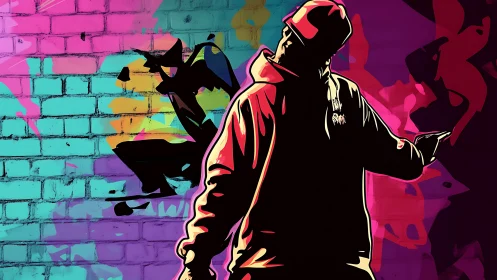 Silhouetted figure before multicolored graffiti brick wall.