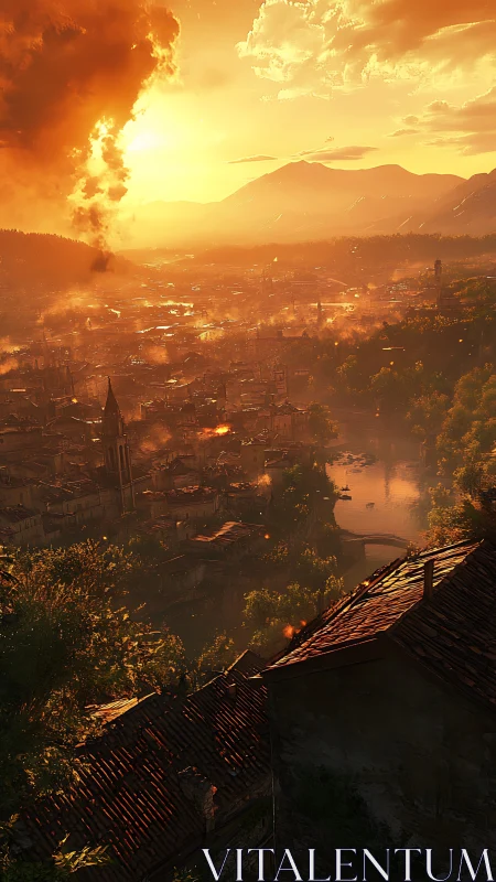 Burning valley city under blazing golden sunset sky.