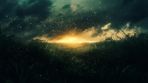 Glowing meadow horizon under storm clouds at twilight.