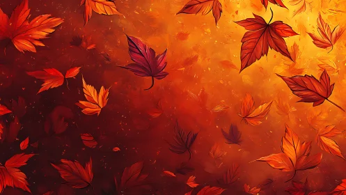 Crimson leaves whirl through molten autumn light in flight