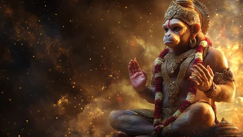 Serene monkey deity meditates in glowing cosmic fire