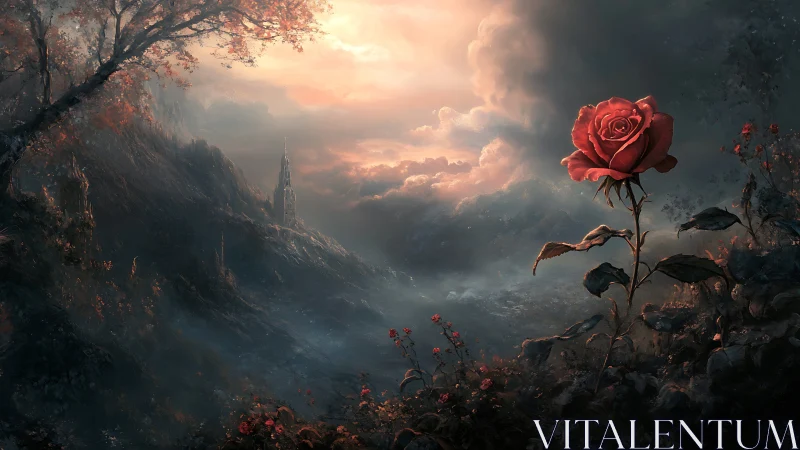 Solitary crimson rose dominates a mist-laden fantasy valley