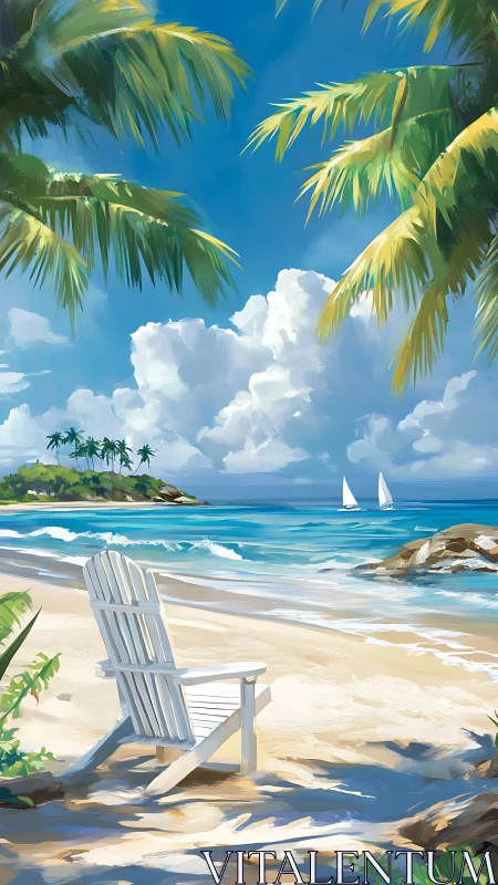 Tropical Beach Scene with Adirondack Chair and Sailboats