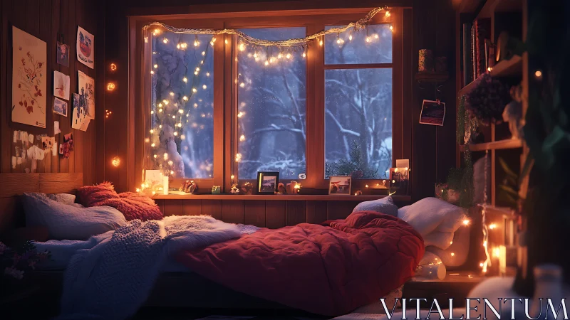 Snow-kissed window haven glowing with storybook warmth.