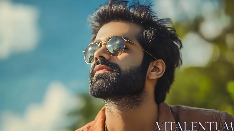 Bearded man in reflective sunglasses rendered in soft focus portrait