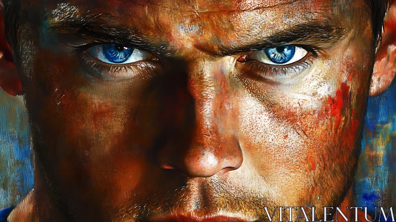 Hyperreal male portrait with intense blue eyes and paint