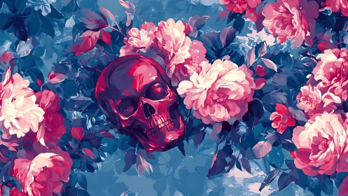 Red skull centered among dense pink peony flowers.