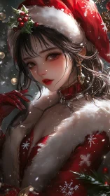 Female figure in red winter outfit with Santa hat detail.