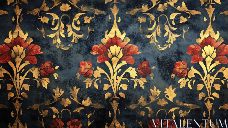 Ornate red florals on weathered gold damask field.