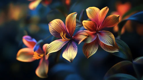 Digital rendering of luminescent iris flowers with chromatic gradient petals and depth-of-field blur