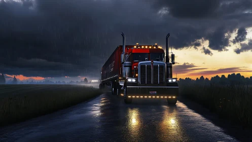 Articulated semi-truck under storm front with reflective wet roadway.