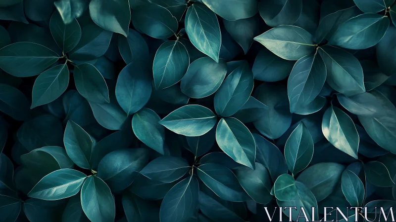 Deep teal foliage pattern with overlapping leaves.