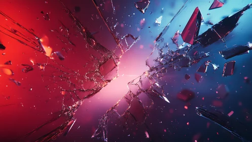 Shattered glass collides amid red and blue neon light.