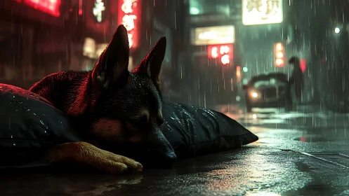 German shepherd sleeps on wet pillow in neon lit city rain