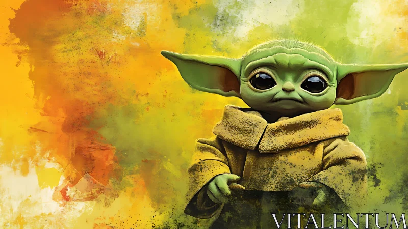 Green alien child in robe on vivid yellow abstract background.