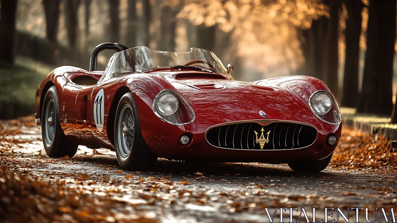 Red vintage Maserati race car on tree lined autumn road.