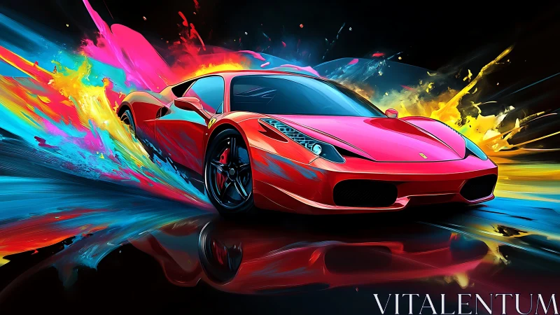 Red sports car with multicolor paint streaks on black ground.