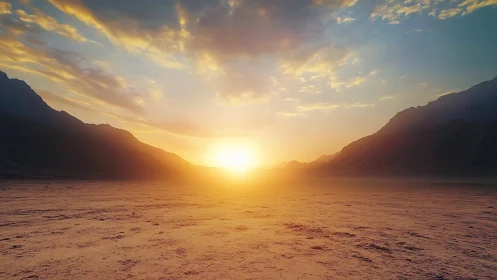 Low-angle desert sunrise over flanked mountains with volumetric haze