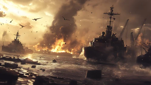 Warships brace against catastrophic harbor explosion and fire.