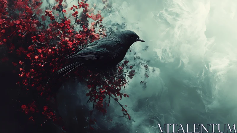 Midnight crow stitches scarlet blossoms into drifting mist